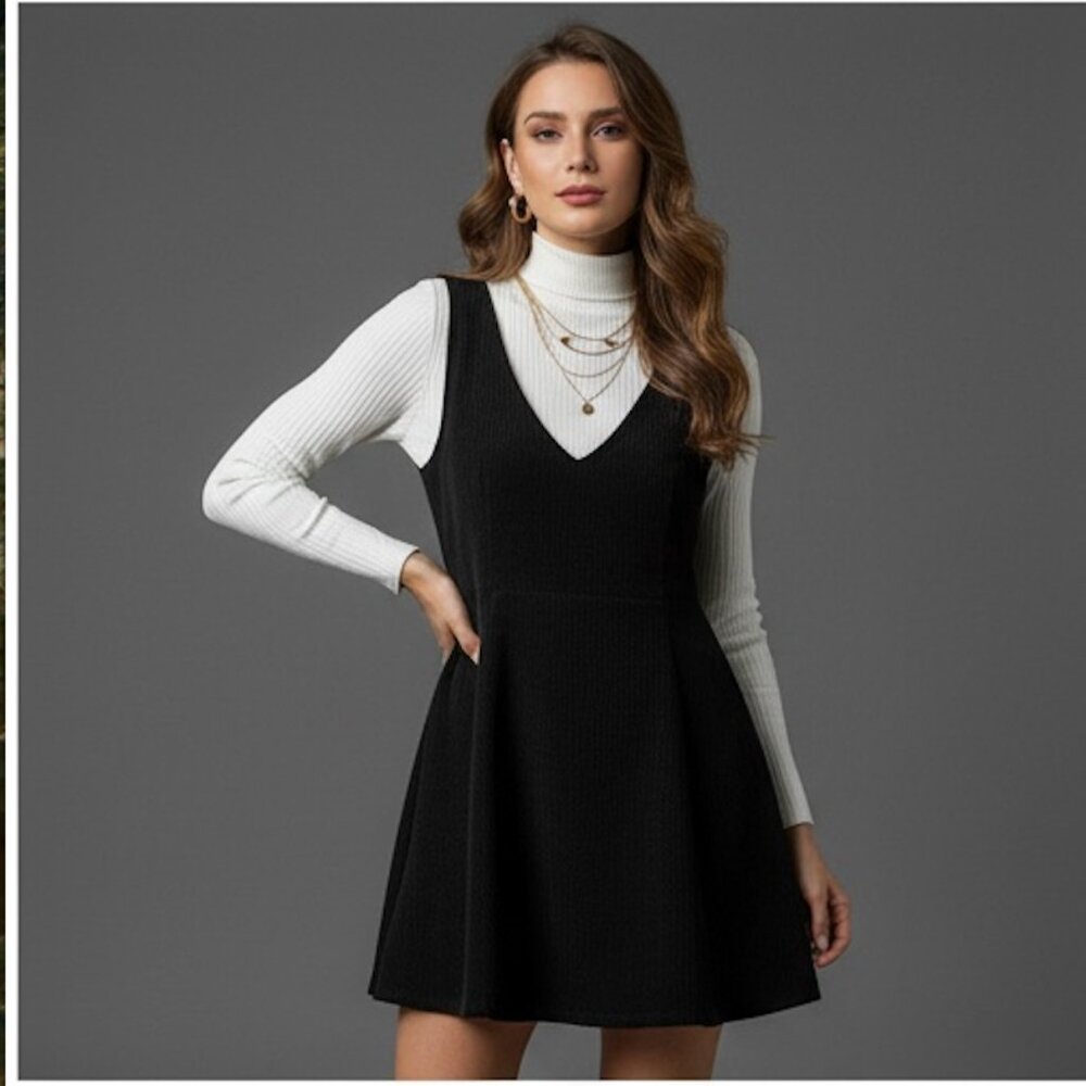 Black V Neck Corduroy Dress Without Sweater